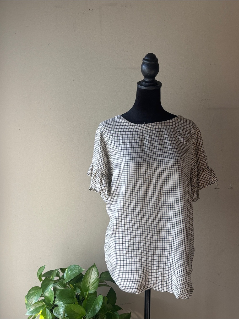 LOFT Black and White Gingham Ruffle Sleeve Blouse